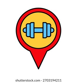 Flat colored location pin with dumbbell symbol, perfect for gym, fitness center, and health map navigation projects.