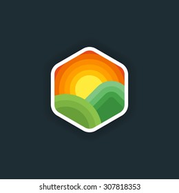 Flat colored logo of nature with sun. Vector hexagon badge.