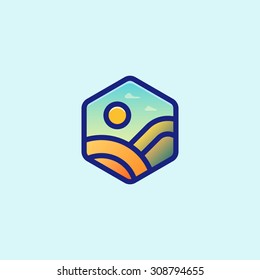 Flat colored logo of nature with sun. Vector hexagon badge. Outline design template. Landscape icon. Landscape line art. Nature icon. Eco logo. Eco icon. Green food logo. Nature best logo. Field logo