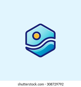 Flat colored logo of sea with sun. Vector hexagon badge. Outline design template