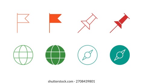 Flat Colored Map and Location Icon Set in Outline and Solid Style for Navigation and Internationalization