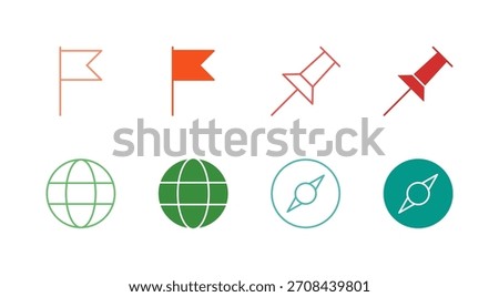 Flat Colored Map and Location Icon Set in Outline and Solid Style for Navigation and Internationalization