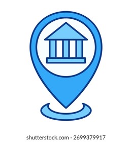 Flat colored map pin with bank building symbol, ideal for finance, money, savings, and economy navigation map design.