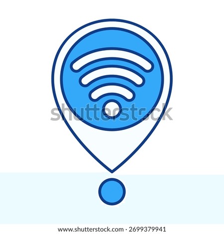Flat colored map pin with WiFi signal icon, ideal for hotspot location, internet connection, and navigation map design.