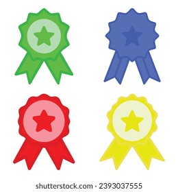 Flat colored medals with ribbon set, vector illustration isolated, reward badges for winners, prize, editable