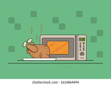 Flat Colored Microwave with hot chicken on the shelf and green background