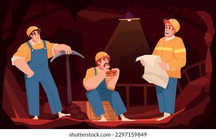 Flat colored mining composition three workers at lunch talk to each other and eat vector illustration