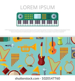 Flat colored musical instrumets banner or poster template. Vector illustration