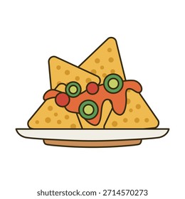 Un icono de nachos de color plano adecuado para aperitivos, comida de fiesta, cocina mexicana y menús de comidas informales.