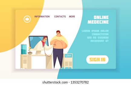Flat and colored online medicine concept banner or landing page with links and sign in button vector illustration