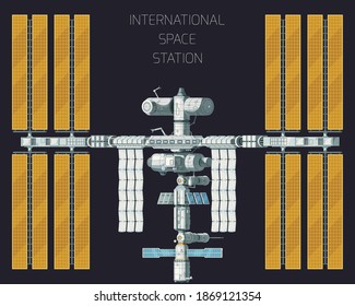 Flat colored orbital international space station concept with top view and yellow panels