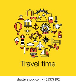 Flat colored outline graphic image concept, website elements layout of Time to Travel. Travel time poster with sun, helicopter, mountain, tower, palm tree, island and balloon. Vector illustration