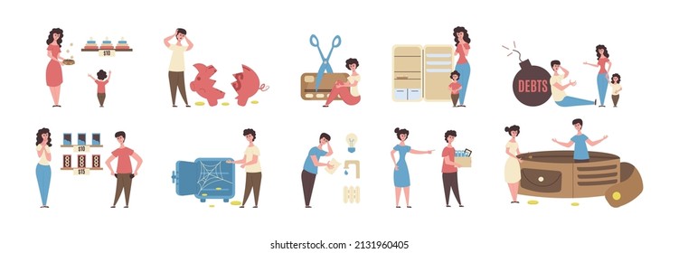 Flat Colored Poverty Icon Set Getting Fired From Work Having An Empty Purse And Fridge Not Being Able To Buy Things In Store Vector Illustration