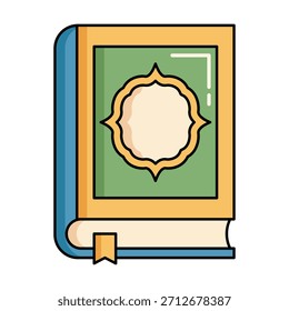 Icono de libro del Corán de color plano que representa las enseñanzas islámicas, perfecto para temas de adoración, contenido de Ramadán y diseños de educación religiosa.
