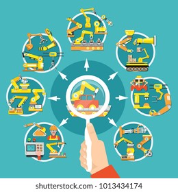 Flat colored robotic arm search composition with magnifier in hands and search for a suitable instrument vector illustration