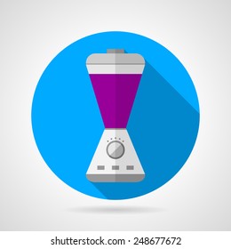 Flat colored round icon for modern white blender with purple juice on gray background. Long shadow design.