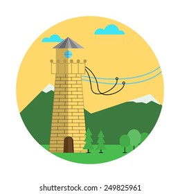 Flat colored round vector icon for brick yellow tower with mount equipment for rope jumping on white background. Design element for your website or business.