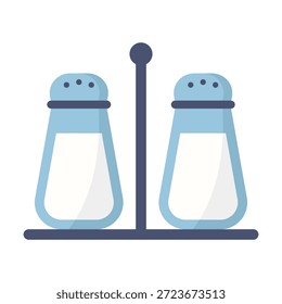 Icono de sal y pimienta de color plano que representa herramientas de condimento para cocinar y cenar. Ideal para menús de restaurantes y diseños con temática gastronómica.