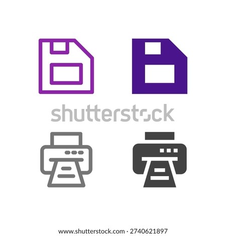 Flat Colored Save and Print Icon Set for Office and Productivity App Interface