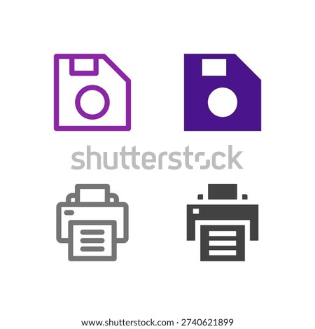 Flat Colored Save and Print Icon Set for Office and Productivity App Interface