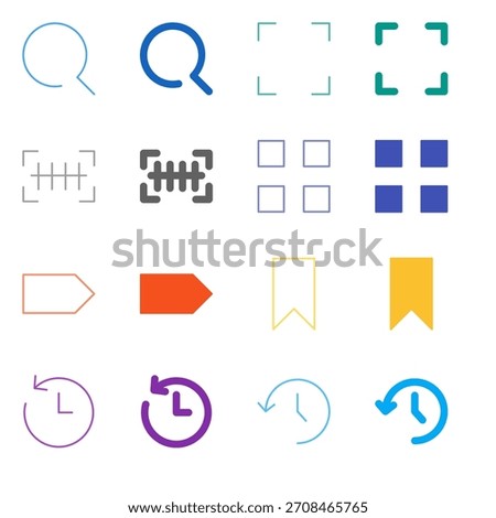 Flat Colored Search and Bookmark Icon Set in Outline and Solid Style for Discovery and Content History