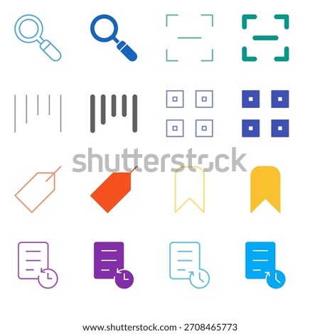 Flat Colored Search and Bookmark Icon Set in Outline and Solid Style for Discovery and Content History