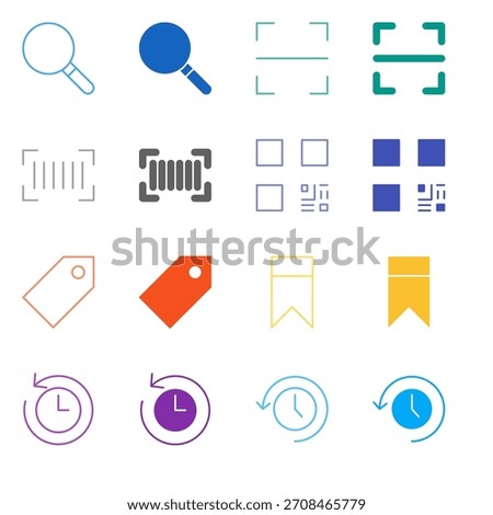 Flat Colored Search and Bookmark Icon Set in Outline and Solid Style for Discovery and Content History