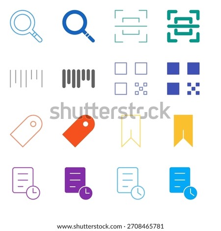 Flat Colored Search and Bookmark Icon Set in Outline and Solid Style for Discovery and Content History