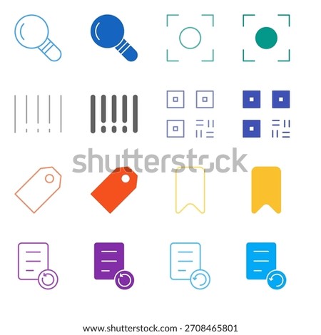 Flat Colored Search and Bookmark Icon Set in Outline and Solid Style for Discovery and Content History
