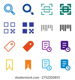 Flat Colored Search, Scan, Barcode, QR Code, Tag, Bookmark, History, Recent Icon Set for System Interface