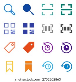 Flat Colored Search, Scan, Barcode, QR Code, Tag, Bookmark, History, Recent Icon Set for System Interface