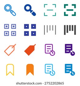 Flat Colored Search, Scan, Barcode, QR Code, Tag, Bookmark, History, Recent Icon Set for System Interface