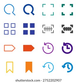 Flat Colored Search, Scan, Barcode, QR Code, Tag, Bookmark, History, Recent Icon Set for System Interface