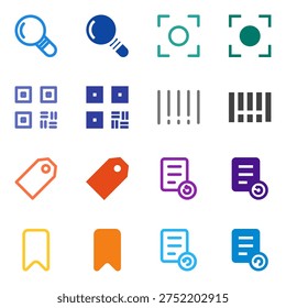 Flat Colored Search, Scan, Barcode, QR Code, Tag, Bookmark, History, Recent Icon Set for System Interface
