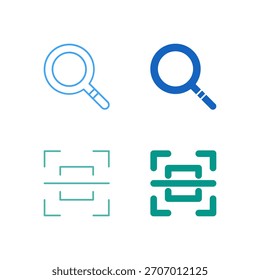 Flachfarbiges Such- und Scan-Symbol in Umriss- und Volltonstil für Informationsabruf und Dateneingabe