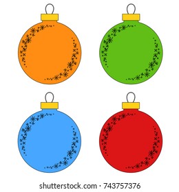 Flat colored set of isolated Christmas toys in the form of balls of blue, green, red, orange. With a black outline. Simple design for processing.