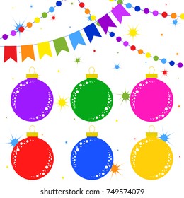 Flat colored set of isolated Christmas toys in the form of balls and garlands . Simple design for processing.