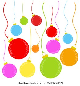 Flat colored set of isolated Christmas toys in the form of balls on thin ropes. Simple design for processing.