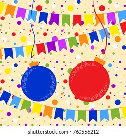 Flat colored set of isolated Christmas toys in the form of balls of blue and red on thin ropes. On a background of garlands and confetti. Simple design for postcards.
