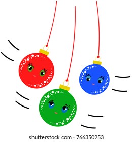 Flat colored set of isolated Christmas toys cartoon balls on thin ropes. Simple bobble figure