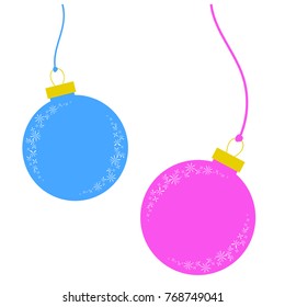 Flat colored set of isolated Christmas toys in the form of balls of blue and pink color on thin ropes. Simple design for postcards.