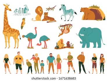 Flat colored set with wild animals birds and visitors with children at zoo isolated vector illustration