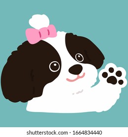 Flat colored Shih Tzu waving hand with pink ribbon