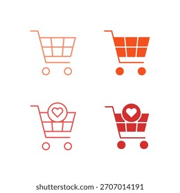 Carrito de compras de color plano y conjunto de iconos de lista de deseos en contorno y estilo sólido para compras y ahorro de comercio electrónico