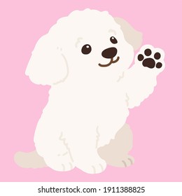 Flat colored simple and adorable white Maltese dog sitting and waving hand illustration