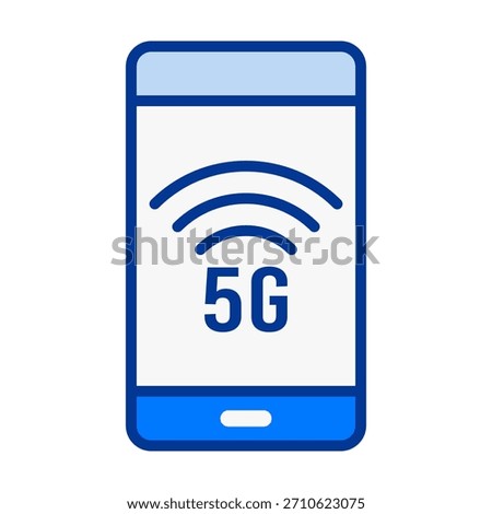 Flat colored smartphone icon with 5G signal, ideal for mobile network features, fast connection tools, and digital communication interfaces.