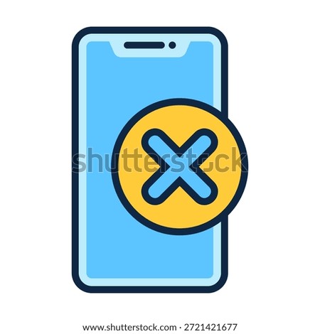 Flat colored smartphone icon with delete symbol, ideal for remove actions, clean functions, file management, and app interface tools.