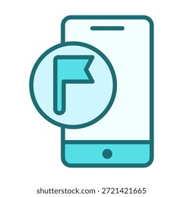 Icono de teléfono inteligente de color plano con símbolo de bandera, perfecto para marcar tareas, recordatorios, alertas y funciones de interfaz de App.