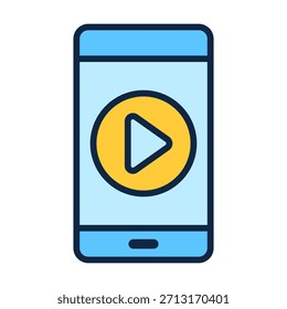 Flach gefärbtes Smartphone-Symbol mit Wiedergabetaste, geeignet für Multimedia-Funktionen, Audio-Video-Streaming und Medienkontrolle.