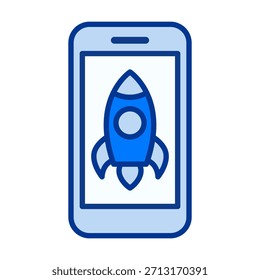 Icono de teléfono inteligente de color plano con símbolo de cohete que representa la velocidad para impulsar el crecimiento de la startup y la mejora del rendimiento.
